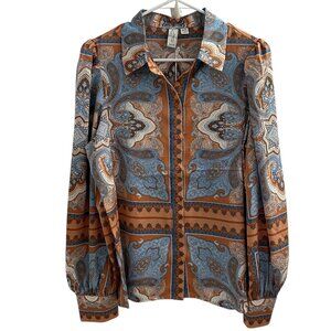 Joie Women's Size M Blue Orange Paisley Silky Polyester Satin Blouse Top NWT